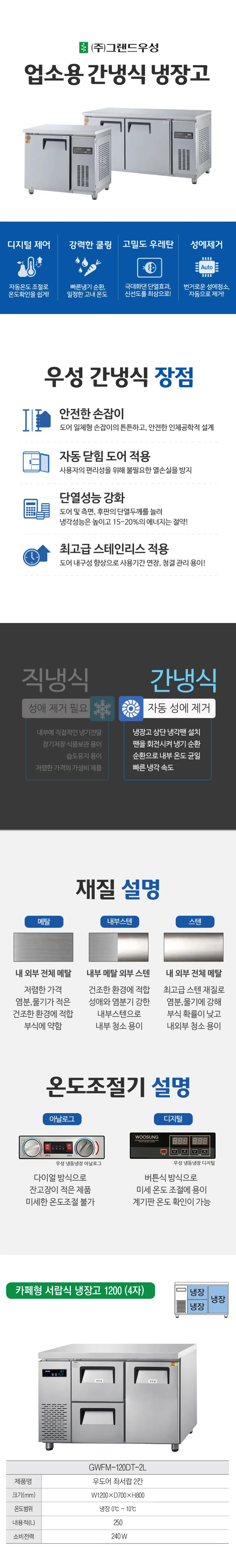 [그랜드우성] 간냉식 카페형 서랍 냉장고 250L GWFM-120DT-2L 상세 이미지 1