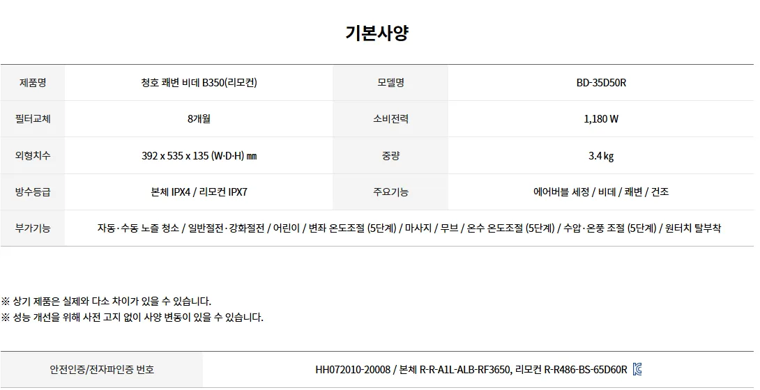 [청호나이스] 쾌변비데 B350 (리모컨)
 BD-35D50R 상세 이미지 2