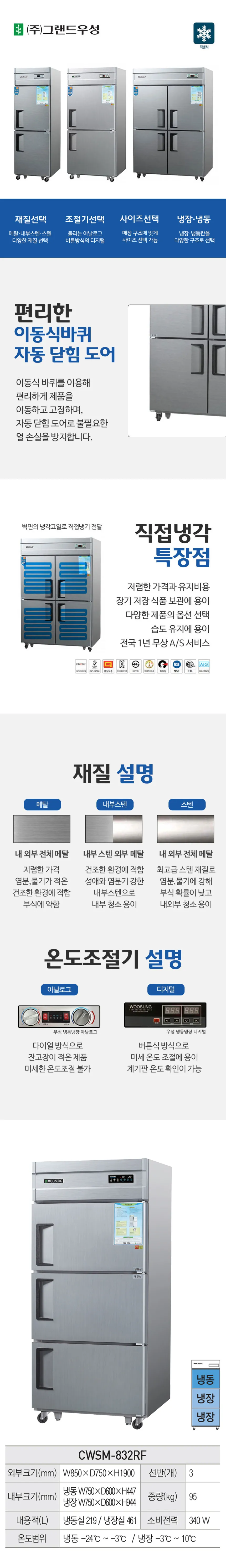 CI_[그랜드우성] 직냉식 냉장고+냉동고 710L 3도어 메탈 (CWSM-832RF_메탈) 상세 이미지 2
