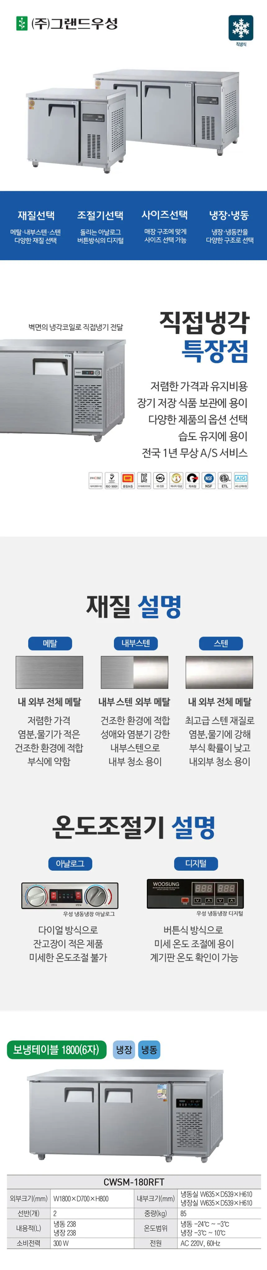 [그랜드우성] 직냉식 테이블 냉장고+냉동고 476L (올스텐) (36) CWSM-180RFT_올스텐 상세 이미지 1