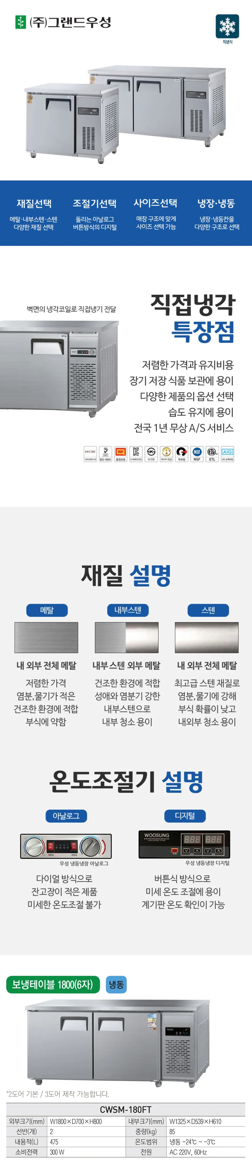 [그랜드우성] 직냉식 테이블 냉동고 475L (올스텐) (36) CWSM-180FT_올스텐 상세 이미지 1