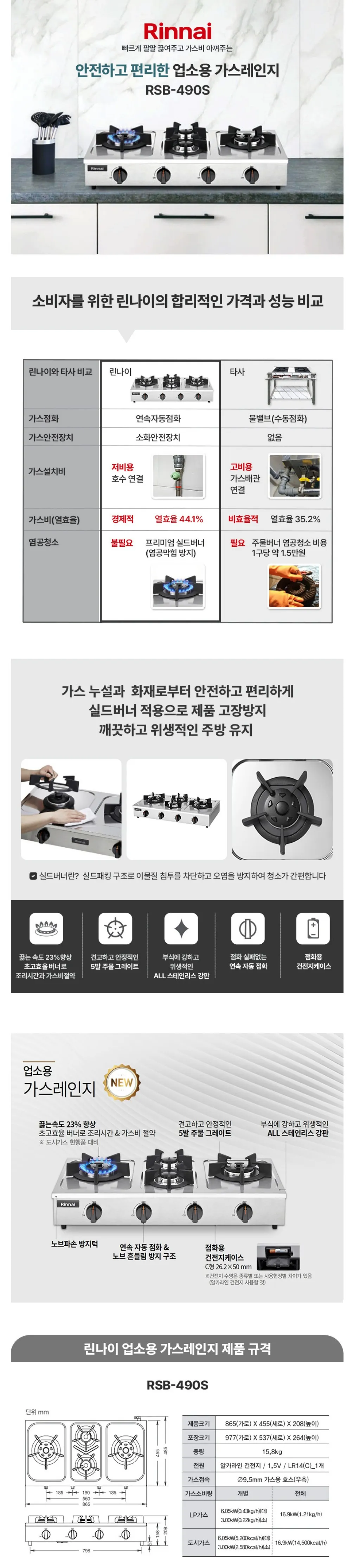 [린나이] 업소용 가스레인지 4구 865 RSB-490S 상세 이미지 1