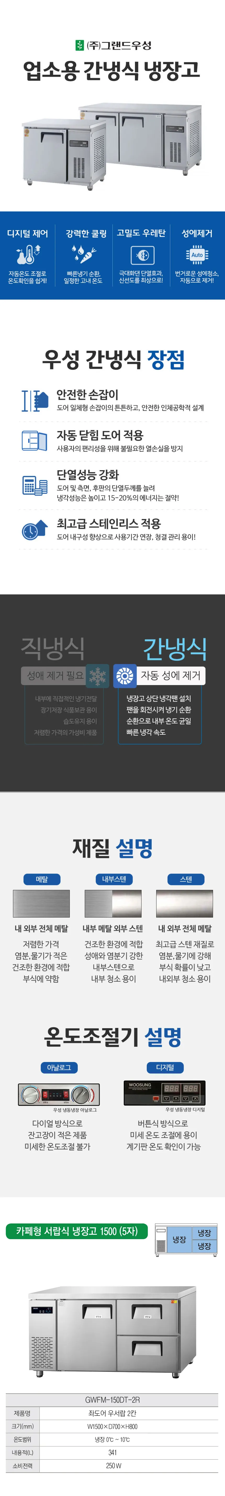 [그랜드우성] 간냉식 카페형 서랍 냉장고 341L GWFM-150DT-2R 상세 이미지 1