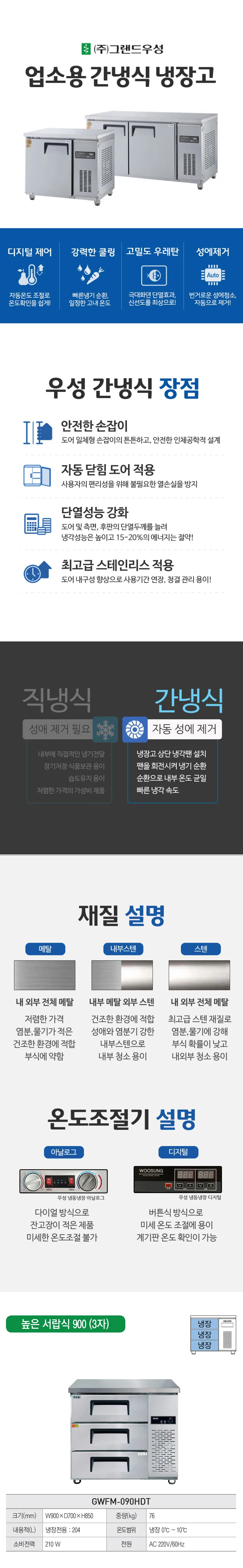 [그랜드우성] 간냉식 높은 서랍 냉장고 204L (폭700) GWFM-090HDT_H7 상세 이미지 1