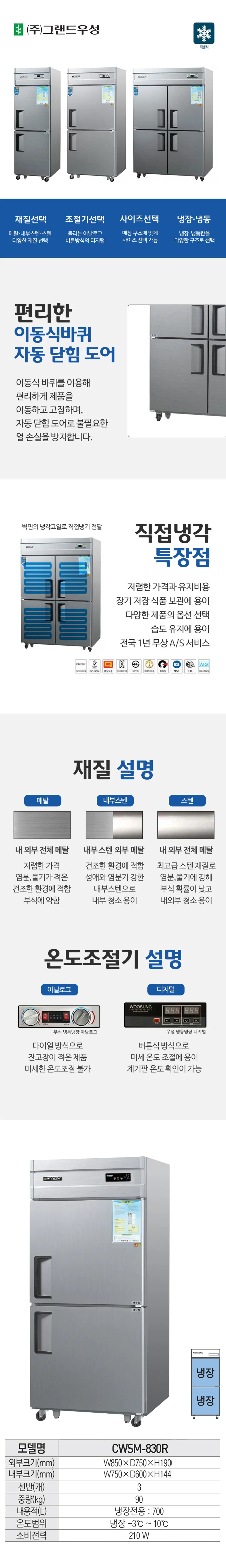 [그랜드우성] 직냉식 냉장고 710L (메탈) (36) CWSM-830R_메탈 상세 이미지 1
