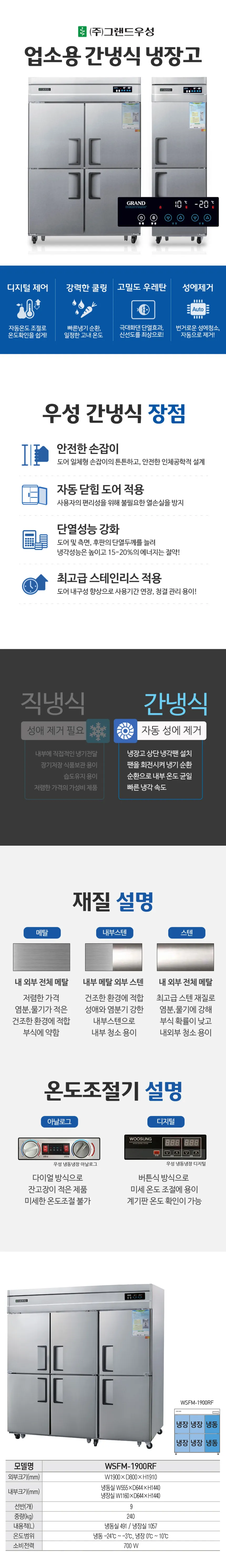 [그랜드우성] 간냉식 냉장고+냉동고 1548L (올스텐) WSFM-1900RF_올스텐 상세 이미지 1
