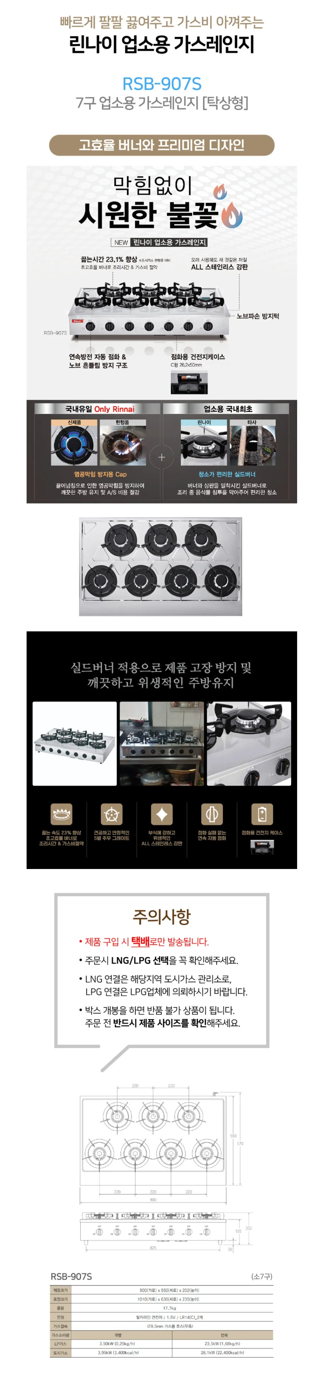 [린나이] 업소용 가스레인지 7구 900 RSB-907S 상세 이미지 1