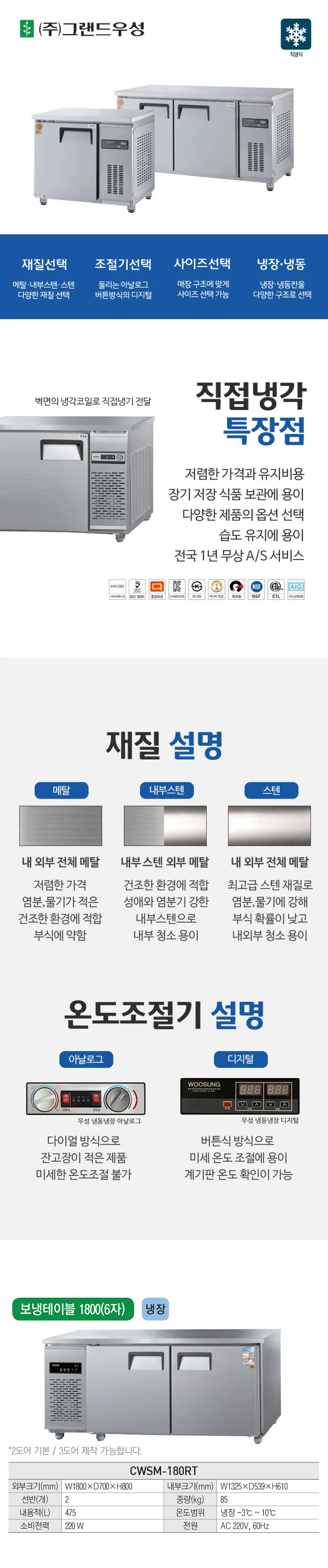 [그랜드우성] 직냉식 테이블 냉장고 475L (올스텐) (36) CWSM-180RT_올스텐 상세 이미지 1
