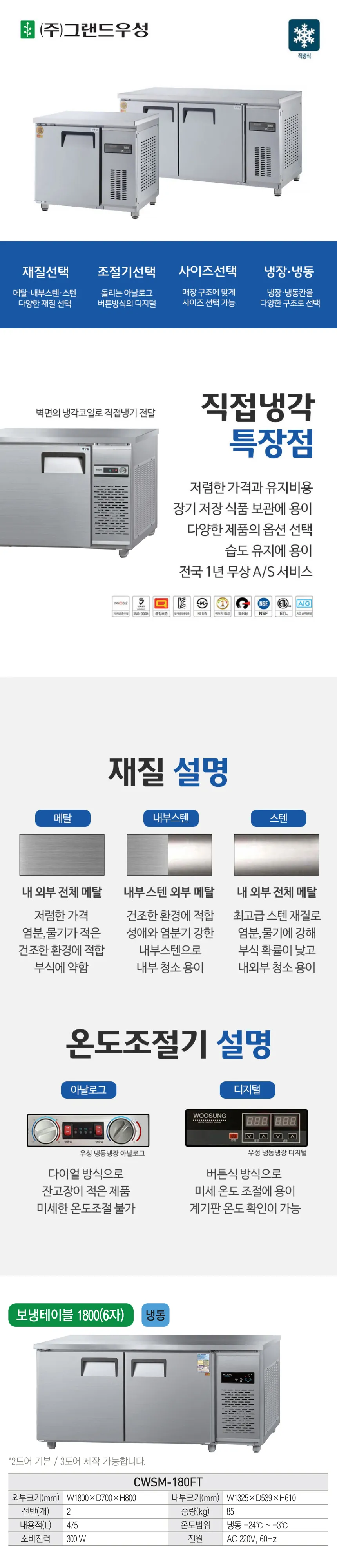 [그랜드우성] 직냉식 테이블 냉동고 475L (내부스텐) (36) CWSM-180FT_내부스텐 상세 이미지 1