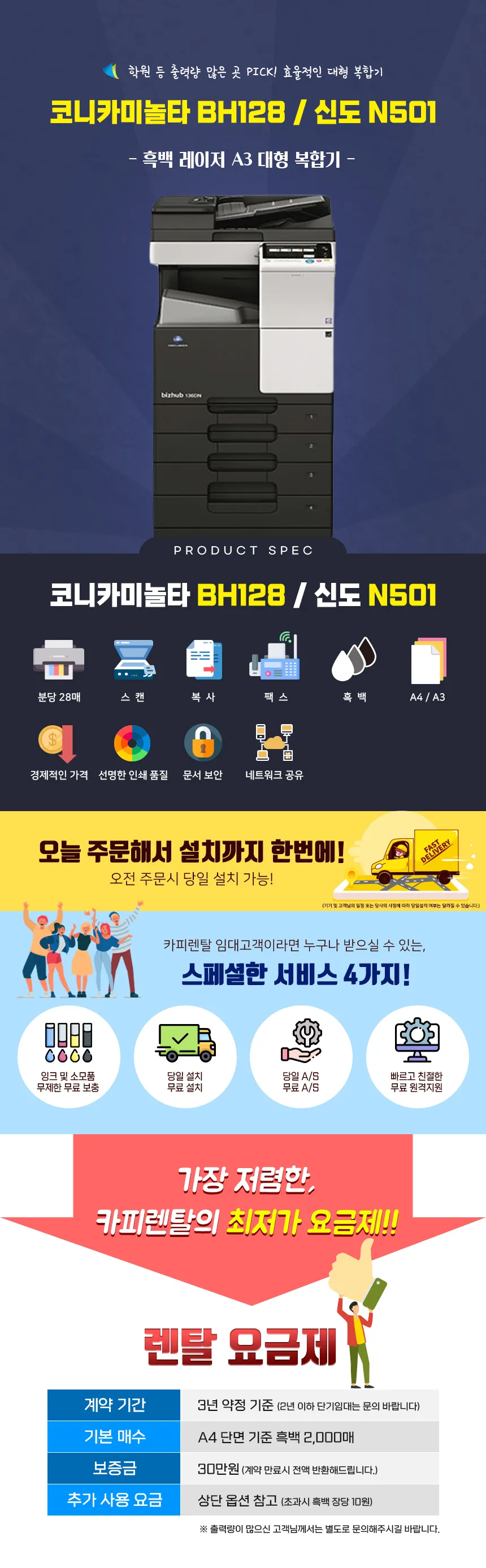 [카피렌탈] 흑백레이저대형복합기 (A3,새제품) 신도 N501/BH-128 상세 이미지 2