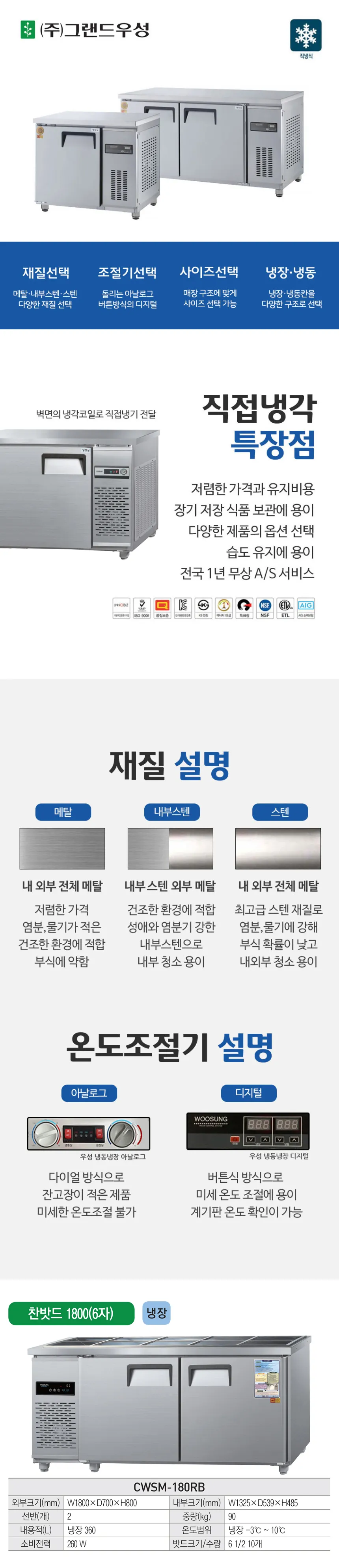 [그랜드우성] 직냉식 반찬 냉장고 360L (올스텐) (36) CWSM-180RB_올스텐 상세 이미지 1