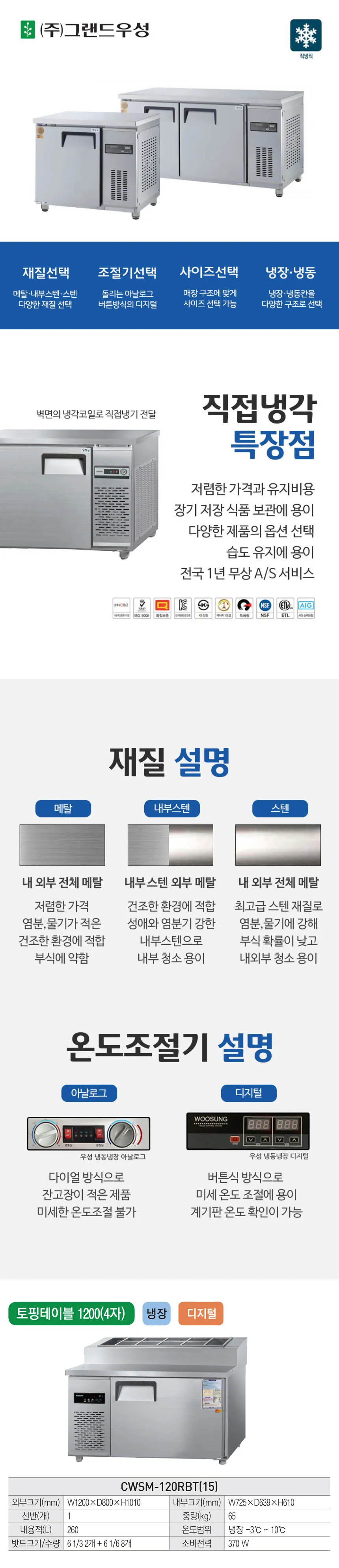 [그랜드우성] 직냉식 토핑 냉장고 260L (올스텐) (36) CWSM-120RBT_올스텐 (T) 상세 이미지 1