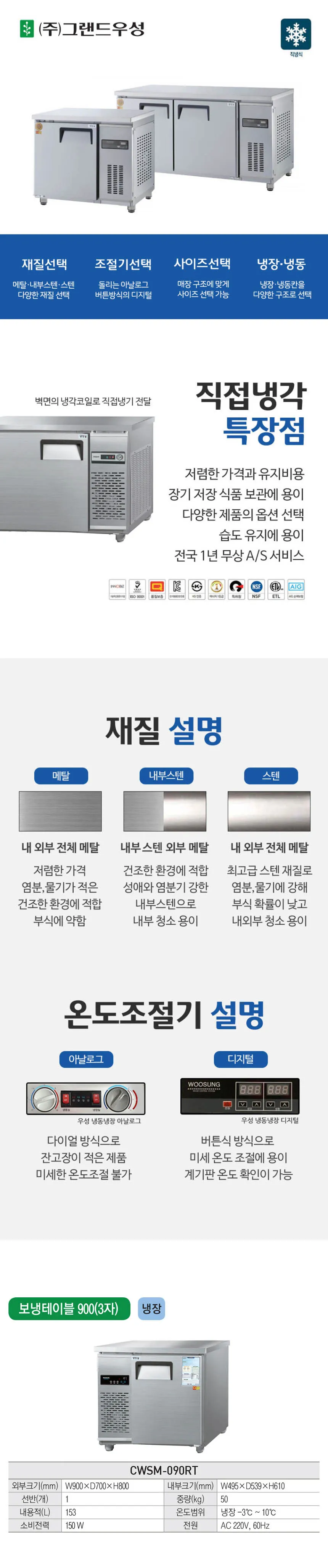 [그랜드우성] 직냉식 테이블 냉장고 153L (올스텐) (36) CWSM-090RT_올스텐 상세 이미지 1
