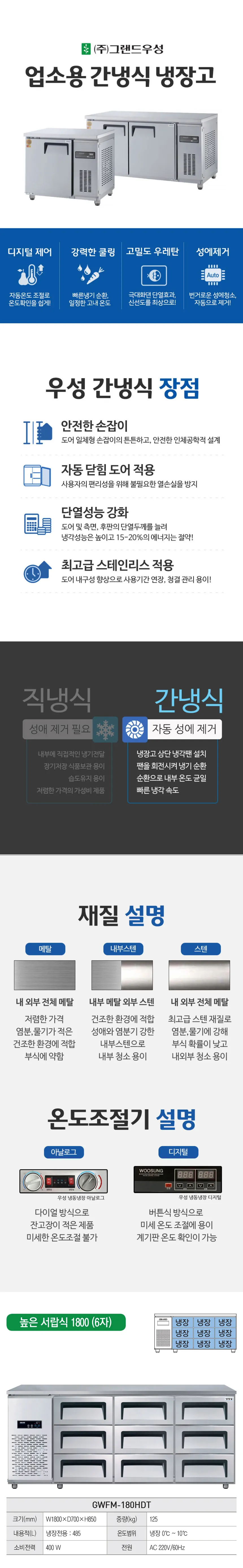 [그랜드우성] 간냉식 높은 서랍 냉장고 485L (폭700) (36) GWFM-180HDT_H7 상세 이미지 1